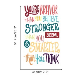 Colorful Inspirational Quote Wall Decal-Youre Braver Than You Believe,Stronger Than You Seem,Smarter Than You Think, Positive Quote Sticker for Kids Room Nursery,Classroom Decor