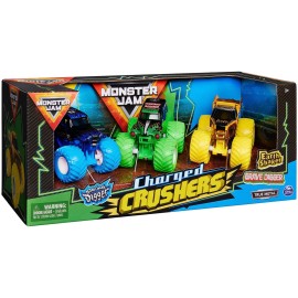 Monster Jam, Charged Crushers 3-Pack (Grave Digger, Son-Uva Digger and Earth Shaker), 1:64 Scale