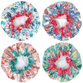 Wrapables Stylish Double Layer Waterproof Shower Caps (Set of 4), Llamas & Ocean Fun