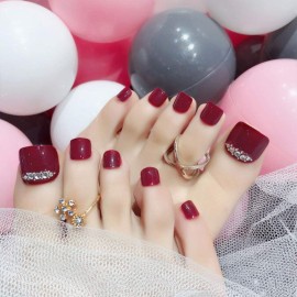 Sethexy Fashion Press on Toenails 24PCS False Toe Nails Full Cover Art Acrylic Fake Toenails for Women and Girls (Rhinestone Wine)
