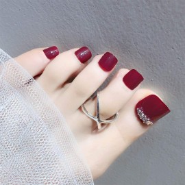 Sethexy Fashion Press on Toenails 24PCS False Toe Nails Full Cover Art Acrylic Fake Toenails for Women and Girls (Rhinestone Wine)