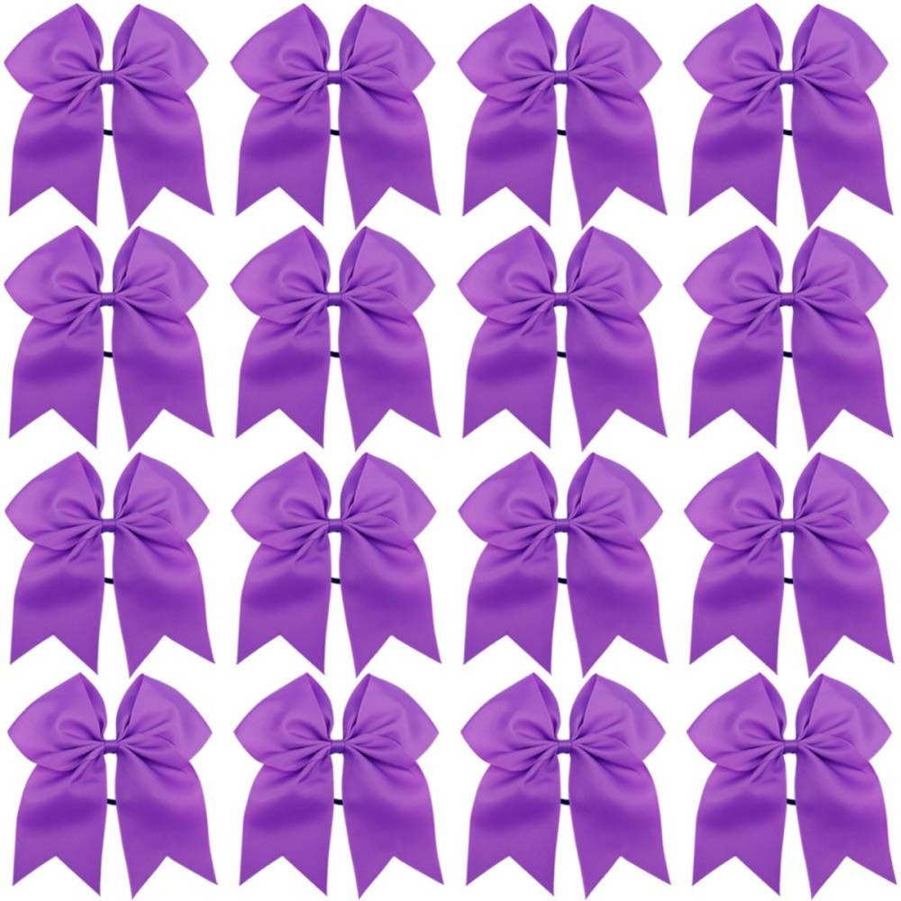 16PCS 8 Large Cheer Hair Bows Ponytail Holder Elastic Band Handmade for Cheerleading Teen Girls College Sports (Purple, 1 Count (Pack of 16))
