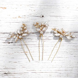 Unicra Bride Wedding Crystal Hair Pins Flower Bridal Hair Pieces Wedding Hair Accessories for Women and Girls Pack of 3 (Gold)