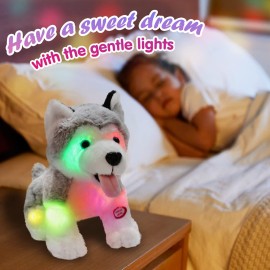 Athoinsu Light up Husky Dog Stuffed Animal Soft Glowing Plush Puppy Toy with Magic LED Night Lights Children\'s Day Birthday for Toddler Kids, 8\'\'