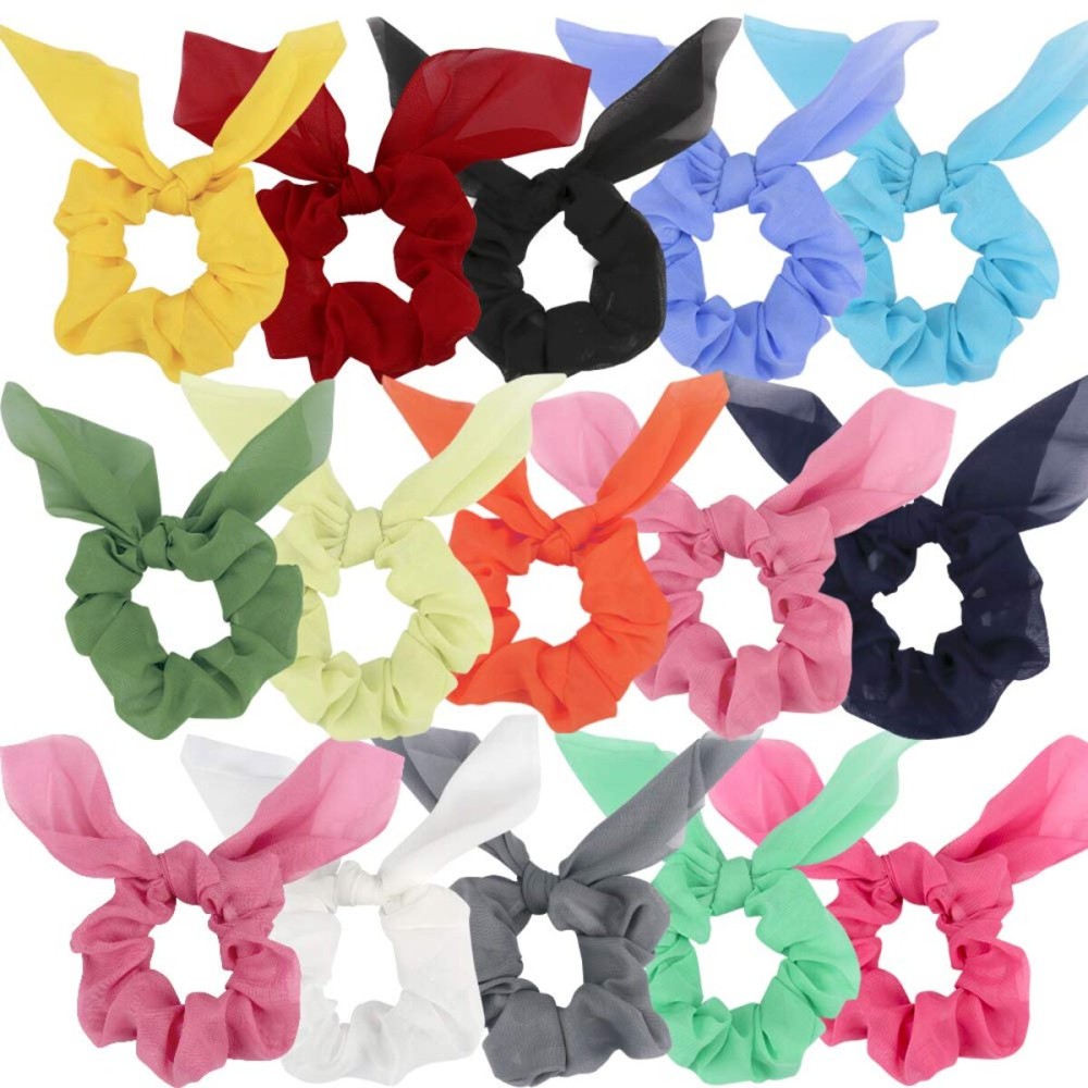 15Pcs Chiffon and Silk Scrunchies with Bow Knots, Bright Color Ponytail Holders, Rabbit Ear Hair Accessories for Girls and Teens