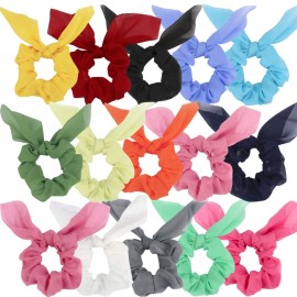 15Pcs Chiffon and Silk Scrunchies with Bow Knots, Bright Color Ponytail Holders, Rabbit Ear Hair Accessories for Girls and Teens