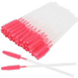 100 Pcs Silicone Mascara Wands Disposable Eyelash Brushes for Extensions Lash Applicators Makeup Tool Kit (Clear Handle/Deep Pink Brush Head)