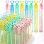 GIFTEXPRESS Valentine\'s Day Heart Shape Mini Bubble Wands for Kids - 48 Pack 4.25 Tall Assorted Pastel Color Heart Bubble Sticks - 5 mL Tube Non Toxic Bubbles Solution for Party Goodies Favors