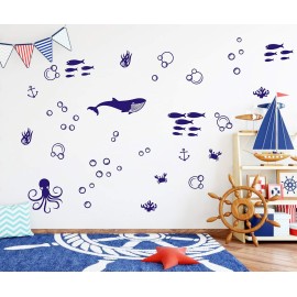 Undersea Wall Decals Set, Vinyl Wall Decals, Bubble Decals, Modern Kids Room Decor, Nautical Wall Decal, Fish Wall Decals for Bathroom A36 (Blue)