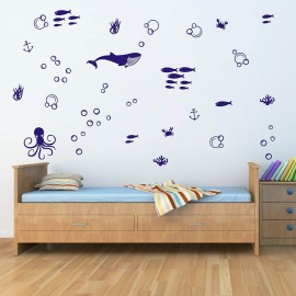 Undersea Wall Decals Set, Vinyl Wall Decals, Bubble Decals, Modern Kids Room Decor, Nautical Wall Decal, Fish Wall Decals for Bathroom A36 (Blue)