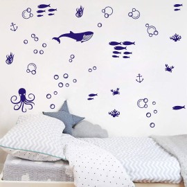 Undersea Wall Decals Set, Vinyl Wall Decals, Bubble Decals, Modern Kids Room Decor, Nautical Wall Decal, Fish Wall Decals for Bathroom A36 (Blue)