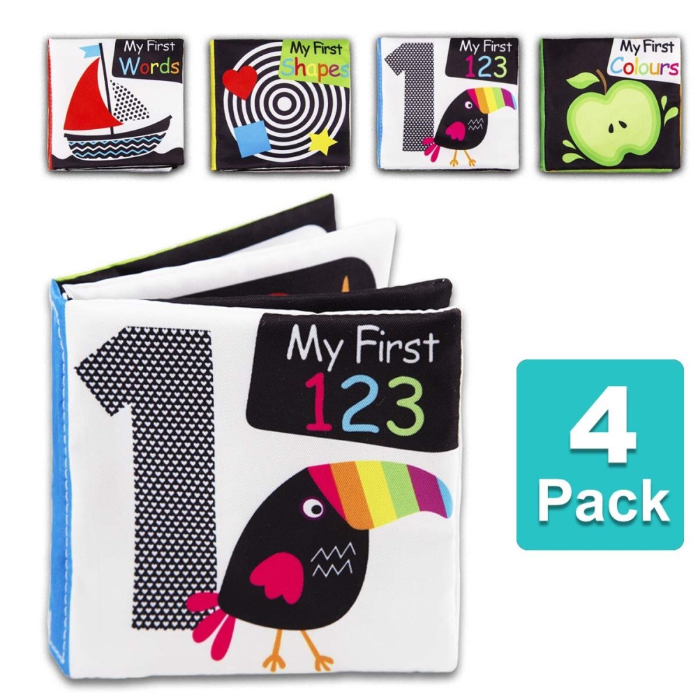 Baby First Soft Activity Cloth Book Set (4PK), High Contrast Black and White Interactive Crinkle Soft Book Bundle for Infant, Early Education for Brain Development with Numbers, Words, Shapes, Colors