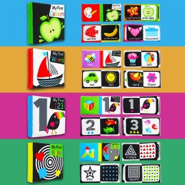 Baby First Soft Activity Cloth Book Set (4PK), High Contrast Black and White Interactive Crinkle Soft Book Bundle for Infant, Early Education for Brain Development with Numbers, Words, Shapes, Colors