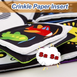 Baby First Soft Activity Cloth Book Set (4PK), High Contrast Black and White Interactive Crinkle Soft Book Bundle for Infant, Early Education for Brain Development with Numbers, Words, Shapes, Colors