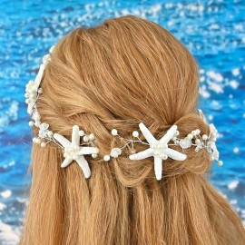 Unicra Starfish Bride Wedding Hair Vine Pearl Bridal Headband Headpiece Beach Wedding Hair Accessories for Women and Girls (Gold)