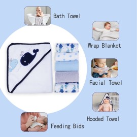 Viviland Baby Towels and Washcloths, Soft Absorbent Baby Boy Bath Towel Set, Whale Hooded Towels with 5 Infant Washcloths(6 Pieces)