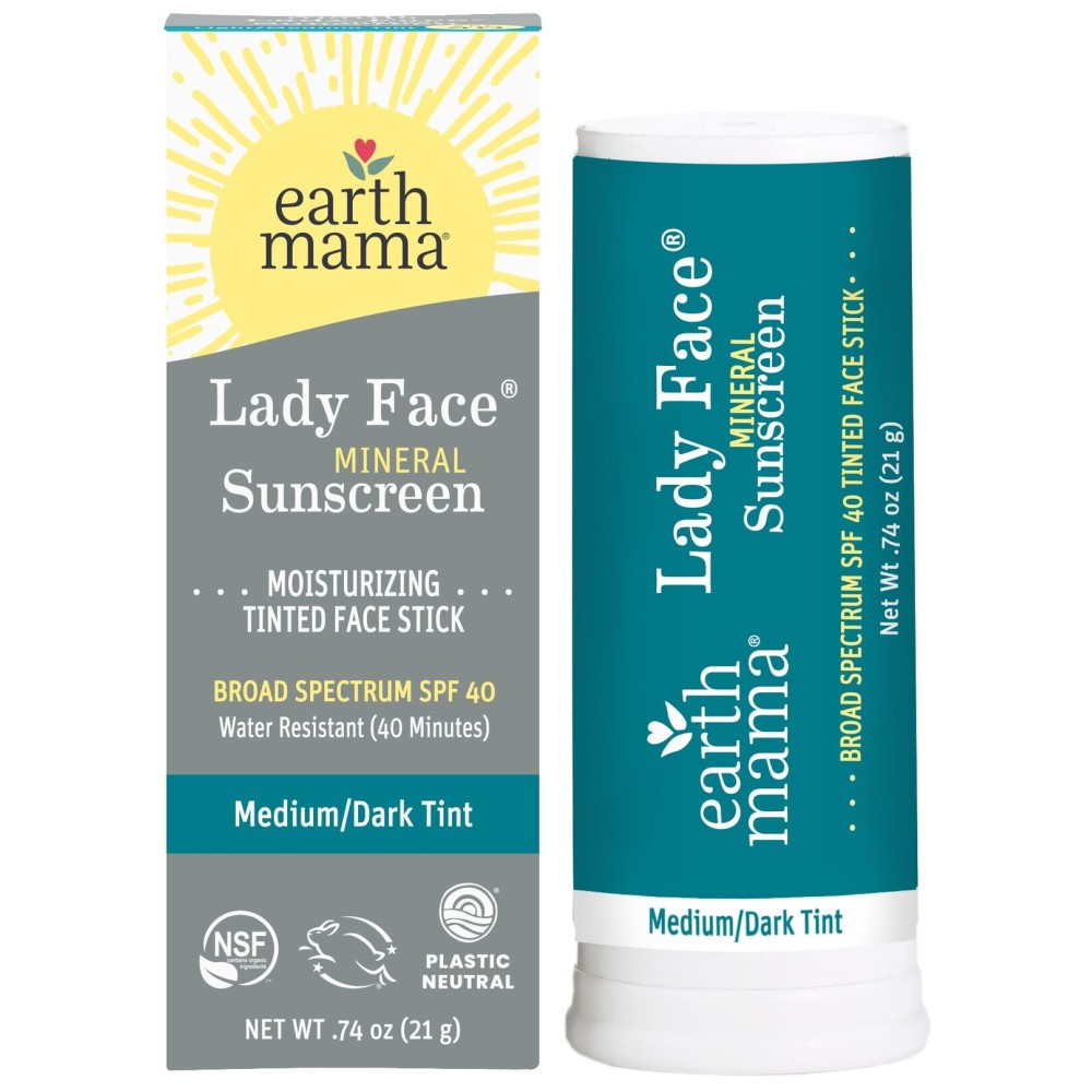 Earth Mama Lady Face Tinted Mineral Sunscreen Stick, SPF 40 Medium/Dark Tint | Contains Organic Shea & Cocoa Butter | Foundation + Concealer + Contour, Blends with Most Skin Tones