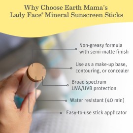 Earth Mama Lady Face Tinted Mineral Sunscreen Stick, SPF 40 Medium/Dark Tint | Contains Organic Shea & Cocoa Butter | Foundation + Concealer + Contour, Blends with Most Skin Tones
