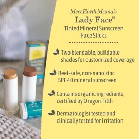 Earth Mama Lady Face Tinted Mineral Sunscreen Stick, SPF 40 Medium/Dark Tint | Contains Organic Shea & Cocoa Butter | Foundation + Concealer + Contour, Blends with Most Skin Tones