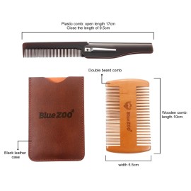 Vtrem Wooden Beard Comb & Leather Case Dual Action Fine & Coarse Teeth Wood Pocket Combs with Folding Plastic Comb Anti Static For Men Beard Hair & Mustaches, Brown