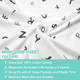 TL Care 100% Natural Cotton Fitted Mini Crib Sheet 38 x 24 - Soft & Breathable Small Nesting Portable Crib Sheet, Fits Pack N Play Mattresses, Alphabet, for Boys & Girls