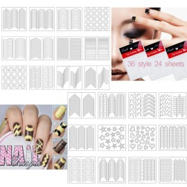 SIPLIV French Nail Tip Guide Heart Star Wave Smile Shapes Nail Stencil Stickers DIY Nail Art Nail Accessories 36 Style 24 Sheets with A Nail Art Set(5Pcs)