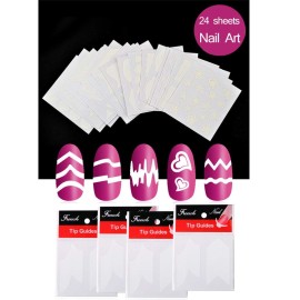 SIPLIV French Nail Tip Guide Heart Star Wave Smile Shapes Nail Stencil Stickers DIY Nail Art Nail Accessories 36 Style 24 Sheets with A Nail Art Set(5Pcs)