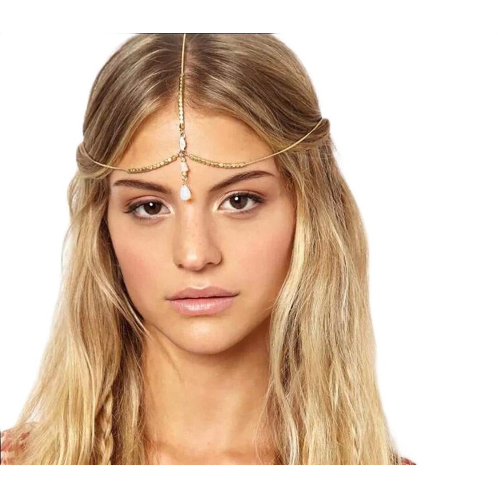 Chargances Women Head Chain White Opal Head Chain Headband Gemstone Vintage Headband Wedding Hair Jewelry Bride Headpiece Bohemia Hair Accessories for Women and Girls