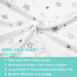 TL Care 100% Natural Cotton Fitted Mini Crib Sheet 38 x 24 - Soft & Breathable Small Nesting Portable Crib Sheet, Fits Pack N Play Mattresses, Super Stars, for Boys & Girls