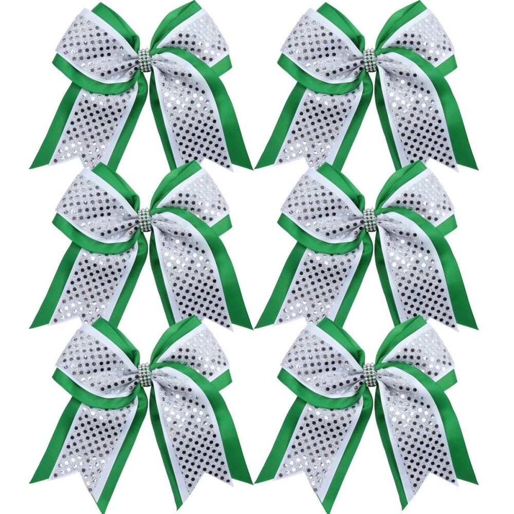 Cheerleader Bows 8 Inch 3 Layers 6 Pcs Ponytail Holder Jumbo Cheerleading Bows Hair Elastic Hair Tie for High School College (Green/White/Silver)