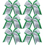 Cheerleader Bows 8 Inch 3 Layers 6 Pcs Ponytail Holder Jumbo Cheerleading Bows Hair Elastic Hair Tie for High School College (Green/White/Silver)