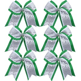 Cheerleader Bows 8 Inch 3 Layers 6 Pcs Ponytail Holder Jumbo Cheerleading Bows Hair Elastic Hair Tie for High School College (Green/White/Silver)