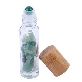 Constore 5 PCS 10ML Gemstone Roller Bottles,Refillable Roll On Bottles with Bamboo Lids Healing Crystal Chips Inside for Perfumes Aromatherapy Oils