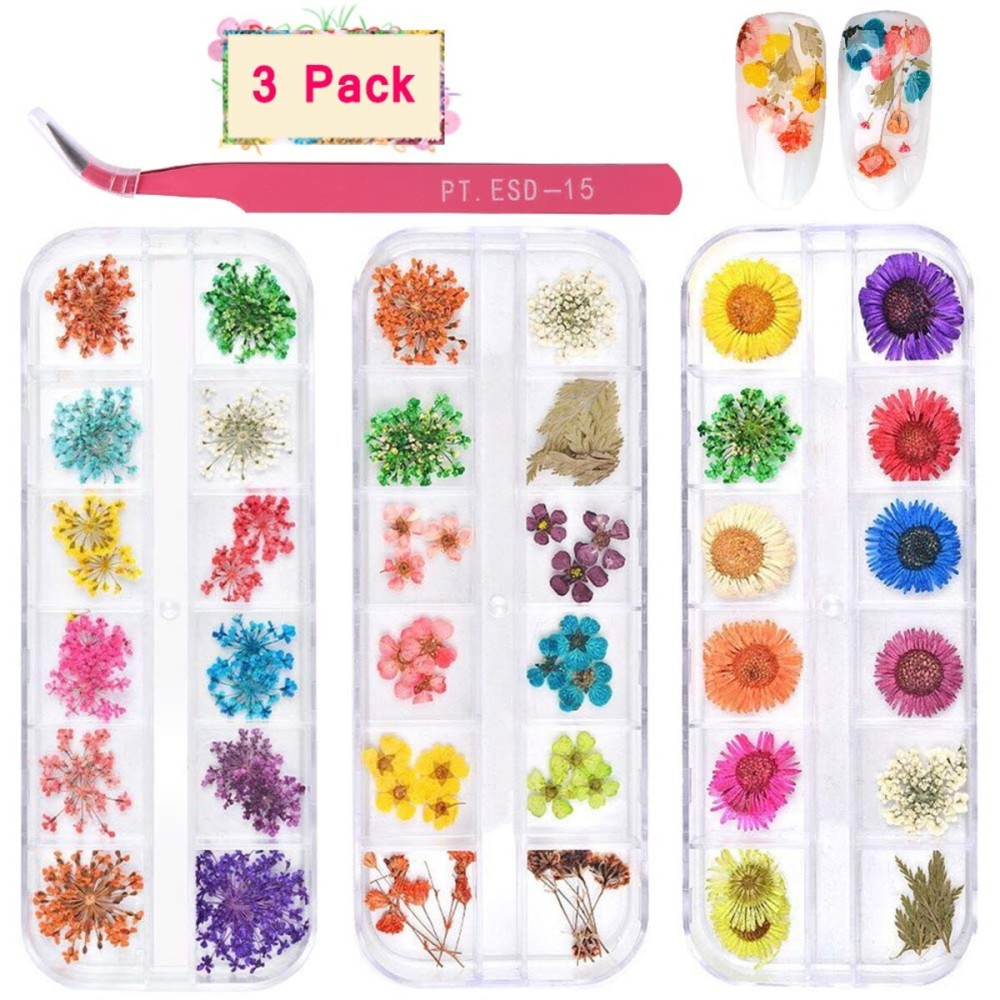 KISSBUTY 36 Colors Dried Flowers & Leaves Nail Art Set, 3D Applique Nail Decoration Sticker, Daisy, White, Pink, White with Yellow, Green KISSBUTY 36 Colors Dried Flowers & Leaves Nail Art Set, 3D Applique Nail Decoration Sticker, Daisy, White, Pink, White with Yellow, Green