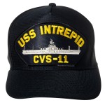 Artisan Owl United States Navy USS Intrepid CVS-11 Aircraft Carrier Ship Emblem Patch Hat - Adjustable Baseball Cap (Navy Blue)