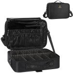MONSTINA Travel Makeup Train Case,13.8 inches Large Cosmetic Case,Makeup Brush Holder Organizer and Storage with Adjustable Dividers and Shoulder Strap (Black)