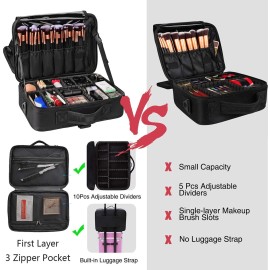 MONSTINA Travel Makeup Train Case,13.8 inches Large Cosmetic Case,Makeup Brush Holder Organizer and Storage with Adjustable Dividers and Shoulder Strap (Black)