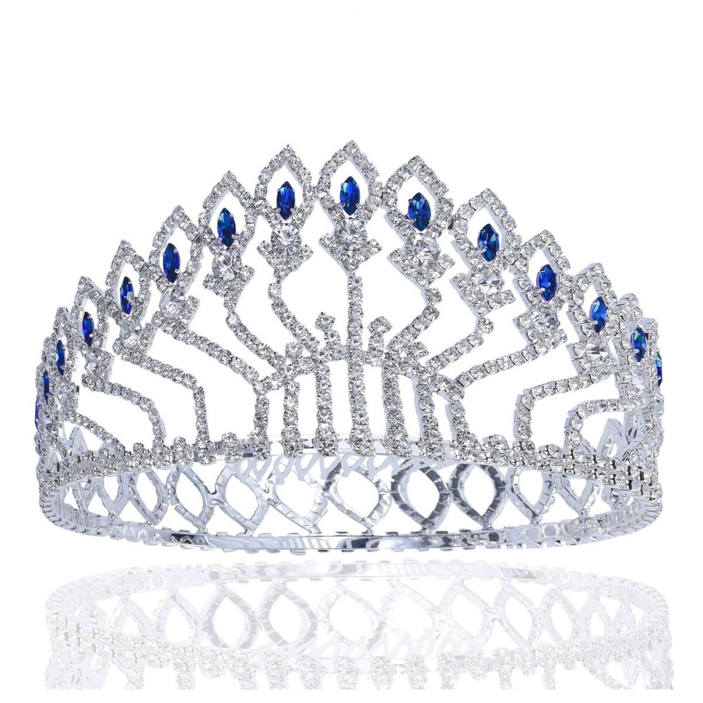 Janefashions Floral Full Crown Clear Red Green Austrian Rhinestone Crystal Silver Gold Metal Tiara Pageant Pageant Prom Large T1406  (Blue/Silver)