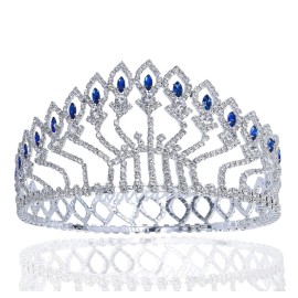 Janefashions Floral Full Crown Clear Red Green Austrian Rhinestone Crystal Silver Gold Metal Tiara Pageant Pageant Prom Large T1406  (Blue/Silver)