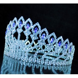 Janefashions Floral Full Crown Clear Red Green Austrian Rhinestone Crystal Silver Gold Metal Tiara Pageant Pageant Prom Large T1406  (Blue/Silver)