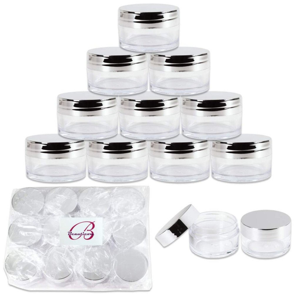 Beauticom 20g/20ml USA Acrylic Round Clear Jars with Lids for Lip Balms, Creams, Make Up, Cosmetics, Samples, Ointments and other Beauty Products (12 Pieces, Silver Lid (Flat Top))