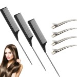3 Pcs Rat Tail Combs Carbon Fiber Teasing Combs with Stainless Steel Pintail Heat Resistant with 6 Pcs Metal Alligator Curl Clips(Black)