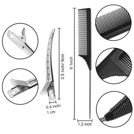 3 Pcs Rat Tail Combs Carbon Fiber Teasing Combs with Stainless Steel Pintail Heat Resistant with 6 Pcs Metal Alligator Curl Clips(Black)