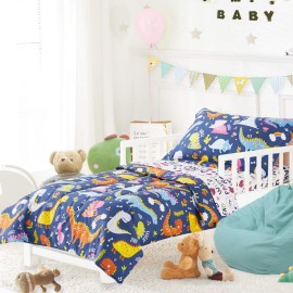 Joyreap 4 Piece Toddler Bedding Set, Standard Size Colorful Dinosaur Printed on Navy, Includes Quilted Comforter, Fitted Sheet, Top Sheet, and Pillow Case for Boys n Girls