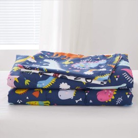 Joyreap 4 Piece Toddler Bedding Set, Standard Size Colorful Dinosaur Printed on Navy, Includes Quilted Comforter, Fitted Sheet, Top Sheet, and Pillow Case for Boys n Girls
