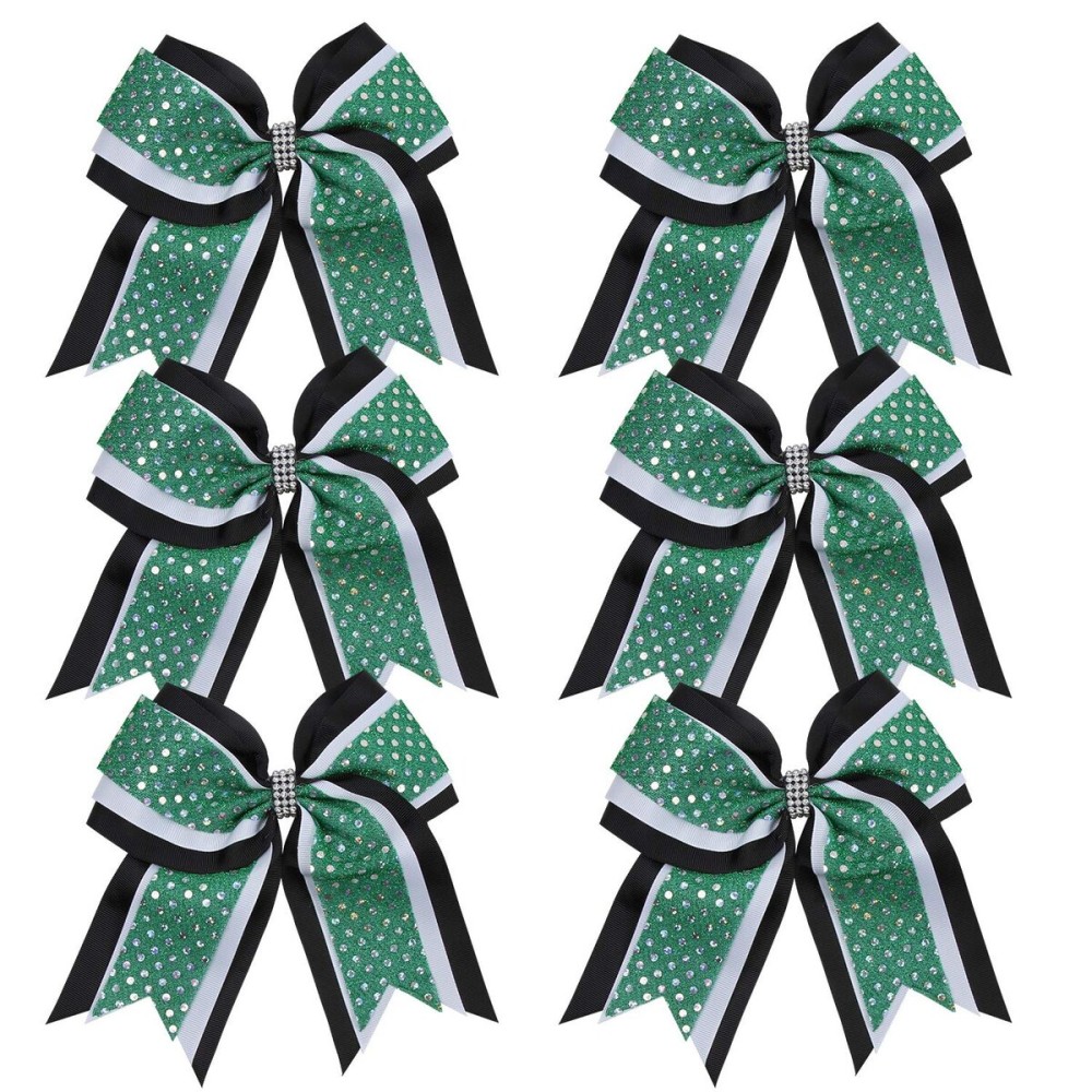 Cheerleader Bows 8 Inch 3 Layers 6 Pcs Ponytail Holder Jumbo Cheerleading Bows Hair Elastic Hair Tie for High School College (Black/White/Green)