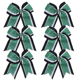 Cheerleader Bows 8 Inch 3 Layers 6 Pcs Ponytail Holder Jumbo Cheerleading Bows Hair Elastic Hair Tie for High School College (Black/White/Green)