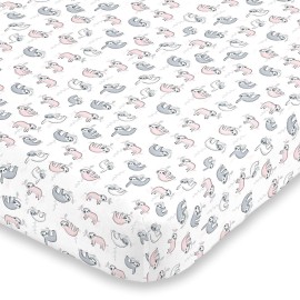 NoJo Super Soft Pink, Grey & White Sloth Fitted Crib Sheet, Pink, Grey, White