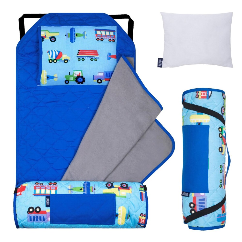 Wildkin Modern Kids Nap Mat - Soft Cotton Blend with Pillow & Elastic Straps for School & Travel - Trains, Planes, and Trucks