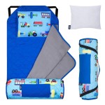 Wildkin Modern Kids Nap Mat - Soft Cotton Blend with Pillow & Elastic Straps for School & Travel - Trains, Planes, and Trucks